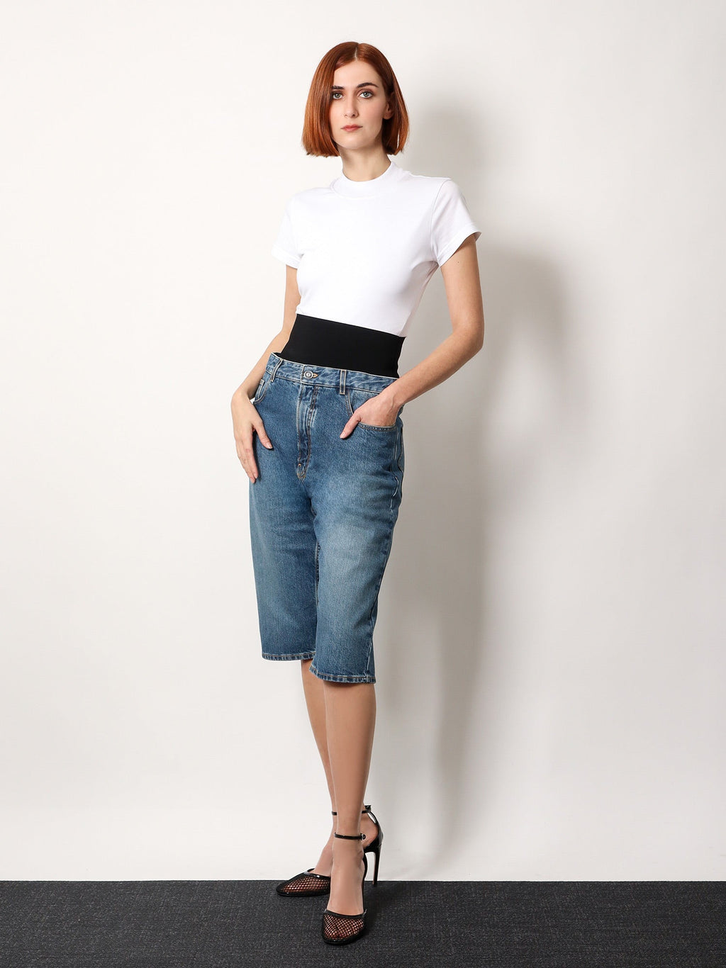 Alaia Women Denim Bermuda Shorts With Ribbed Band - EZE Fashion®