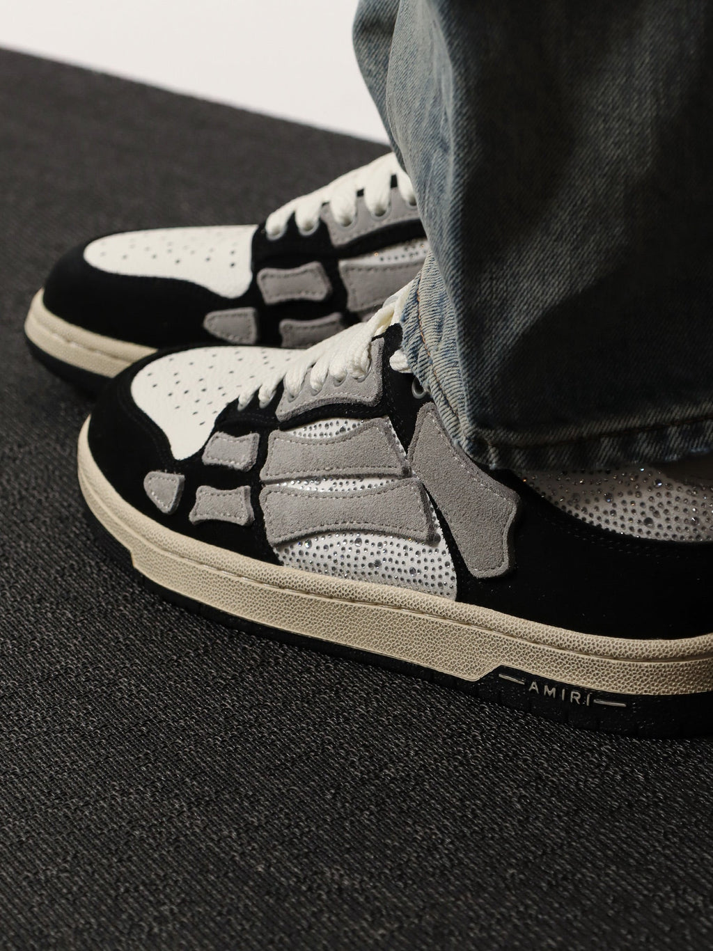 Amiri Men Crystal Skel Top Low Leather And Suede Sneakers With Rhinestones Detail - EZE Fashion®