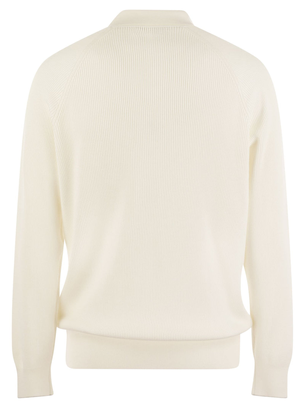 Brunello Cucinelli Men Cotton Rib Knit Polo Shirt With Long Raglan Sleeve