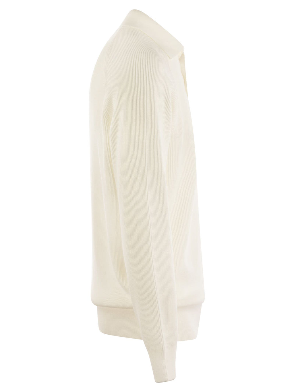 Brunello Cucinelli Men Cotton Rib Knit Polo Shirt With Long Raglan Sleeve