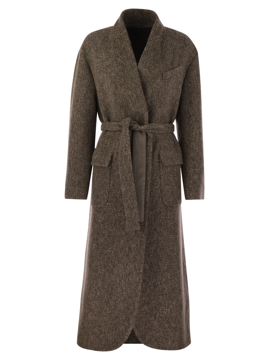 Brunello Cucinelli Women Wool And Cashmere Diagonal Mélange Coat With Belt And Necklace