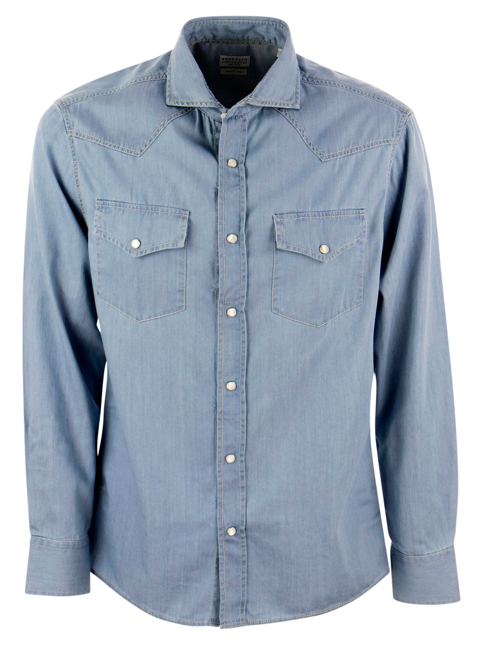 Brunello Cucinelli Men Lightweight Denim Leisure Fit Shirt With Press Studs, Epaulettes And Pockets