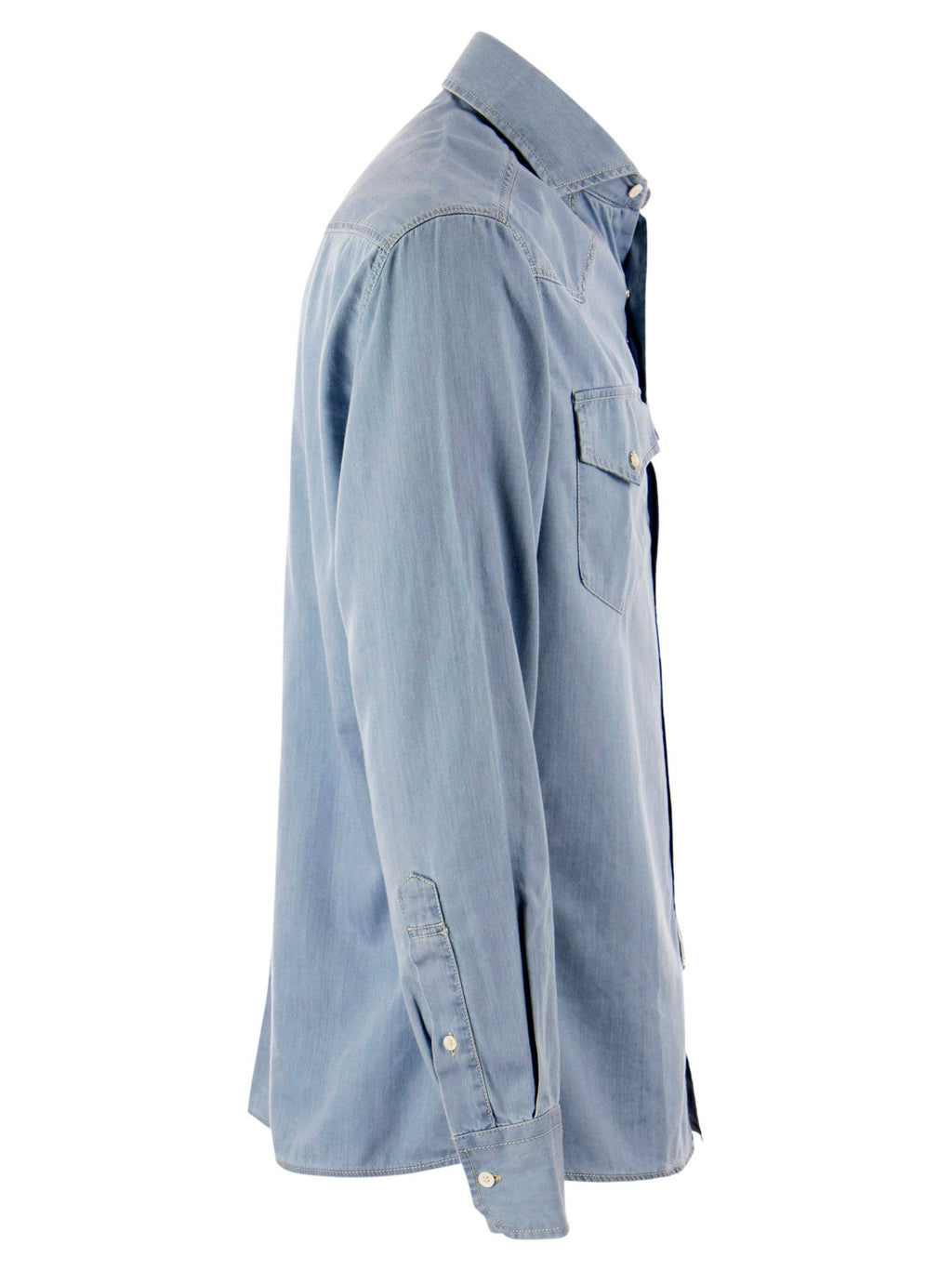 Brunello Cucinelli Men Lightweight Denim Leisure Fit Shirt With Press Studs, Epaulettes And Pockets