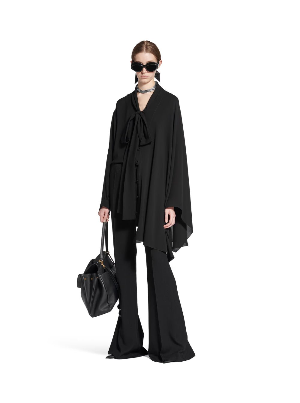 Balenciaga Women Black Blouse With Pussybow Collar And Asymmetric Design In Silk Woman - EZE Fashion®