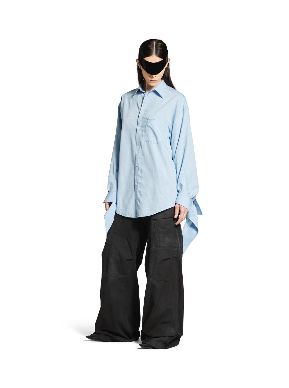 Balenciaga Women Blue Oversized Shirt With Embroidered Logo On The Front And Knotted Cuffs In Viscose Blend Woman - EZE Fashion®