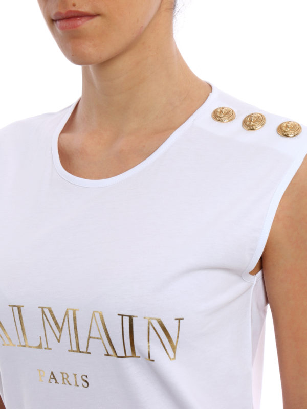 Balmain Women White Button Embellished Logo Printed Tank Top/Cami