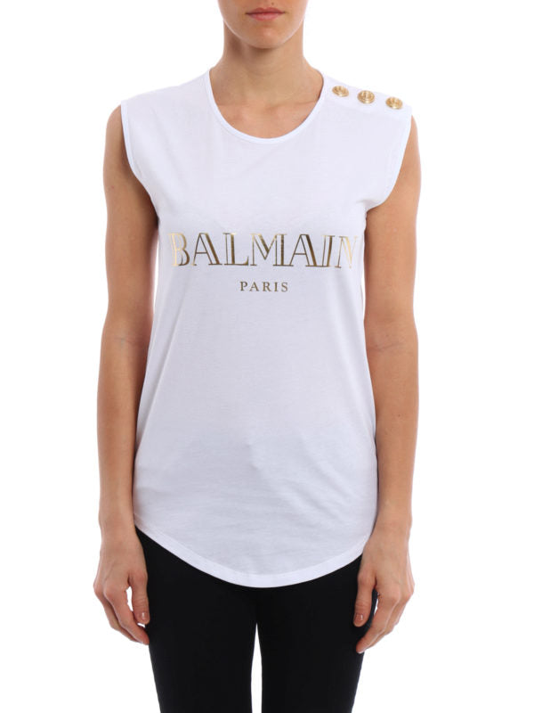 Balmain Women White Button Embellished Logo Printed Tank Top/Cami