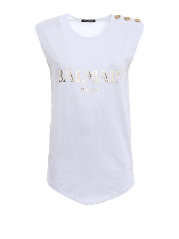 Balmain Women White Button Embellished Logo Printed Tank Top/Cami