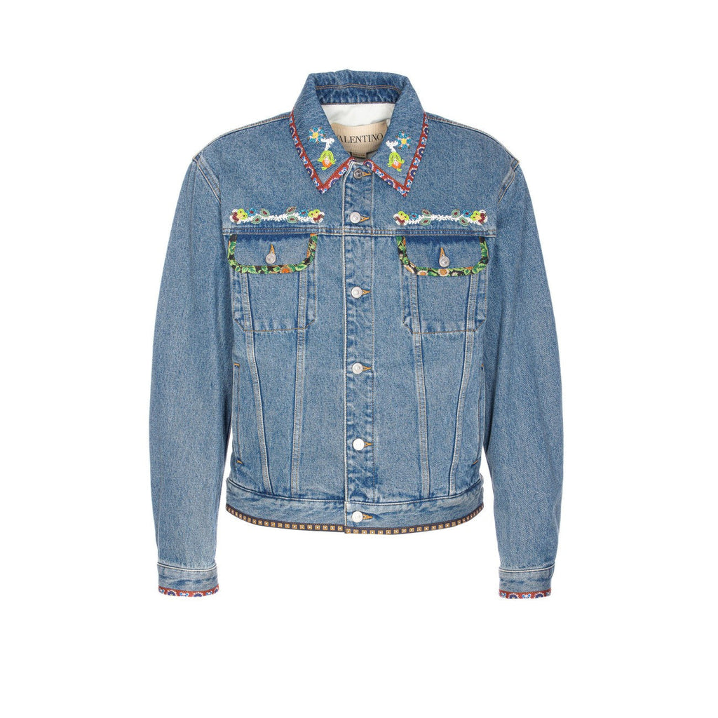 Valentino Garavani Men Beaded Embroidery And Printed Edges Denim Jacket