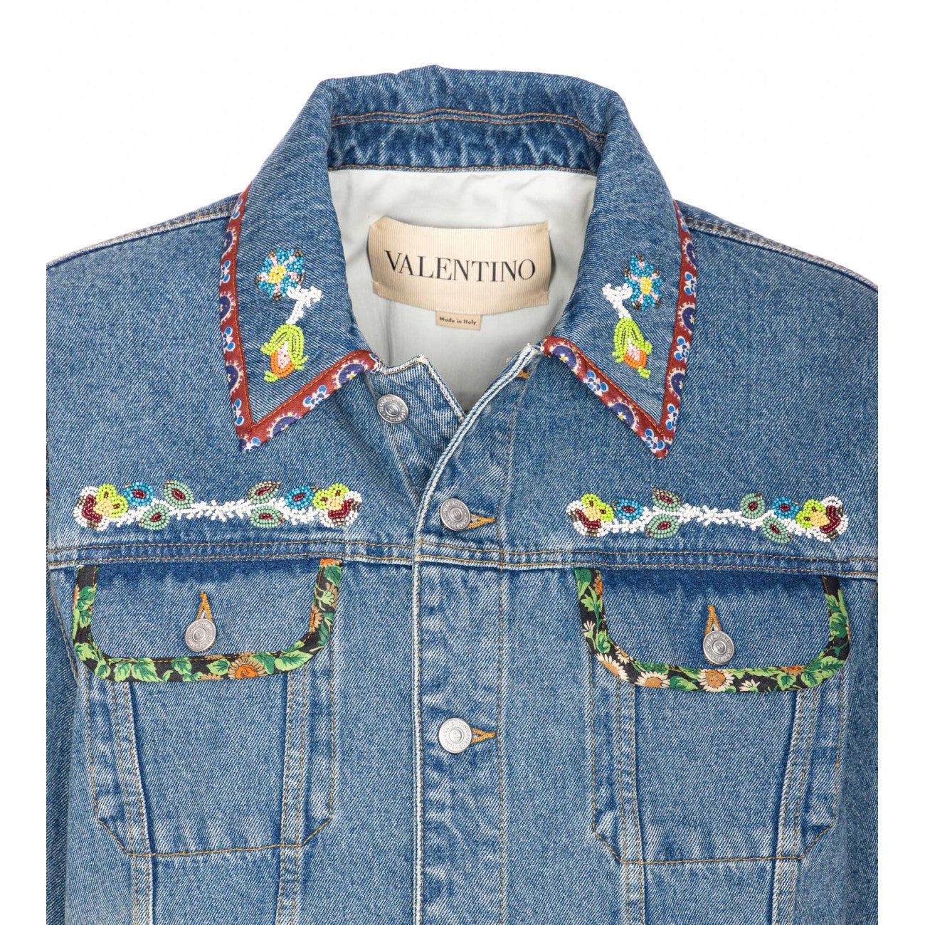 Valentino Garavani Men Beaded Embroidery And Printed Edges Denim Jacket