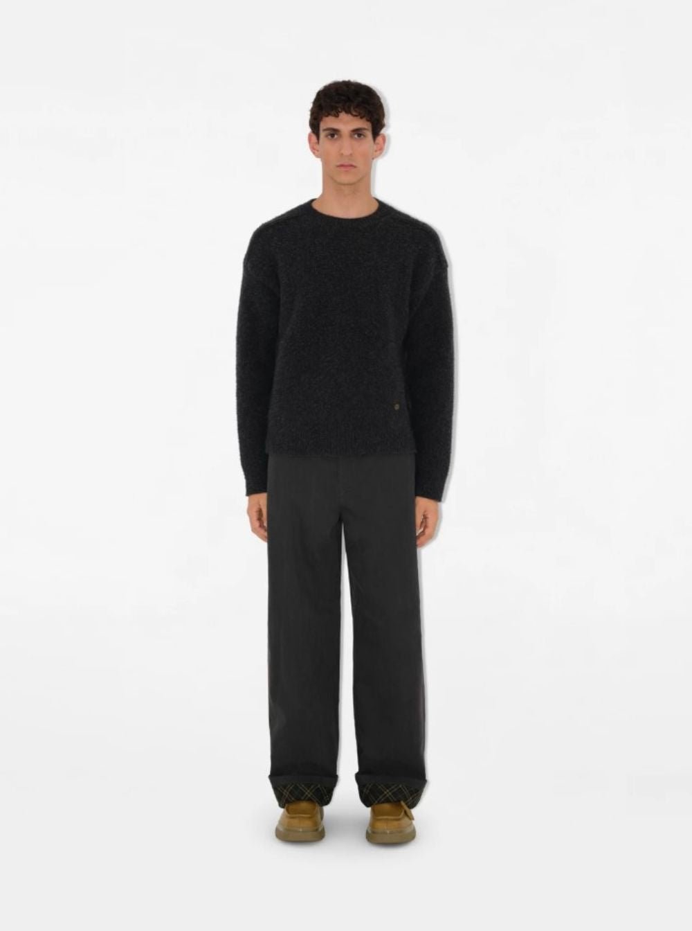 Burberry Men Black Pants With Logo Embroidery On The Side And Turn - Up Checked Hem In Cotton Man - EZE Fashion®