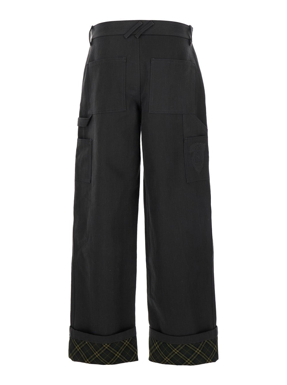 Burberry Men Black Pants With Logo Embroidery On The Side And Turn - Up Checked Hem In Cotton Man - EZE Fashion®