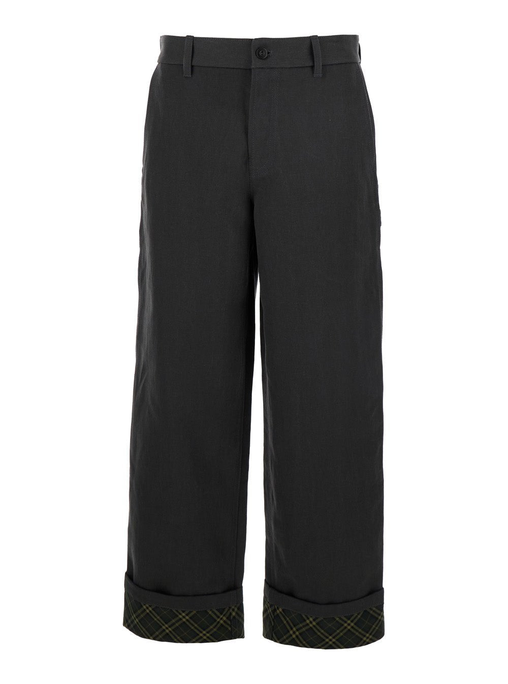 Burberry Men Black Pants With Logo Embroidery On The Side And Turn - Up Checked Hem In Cotton Man - EZE Fashion®