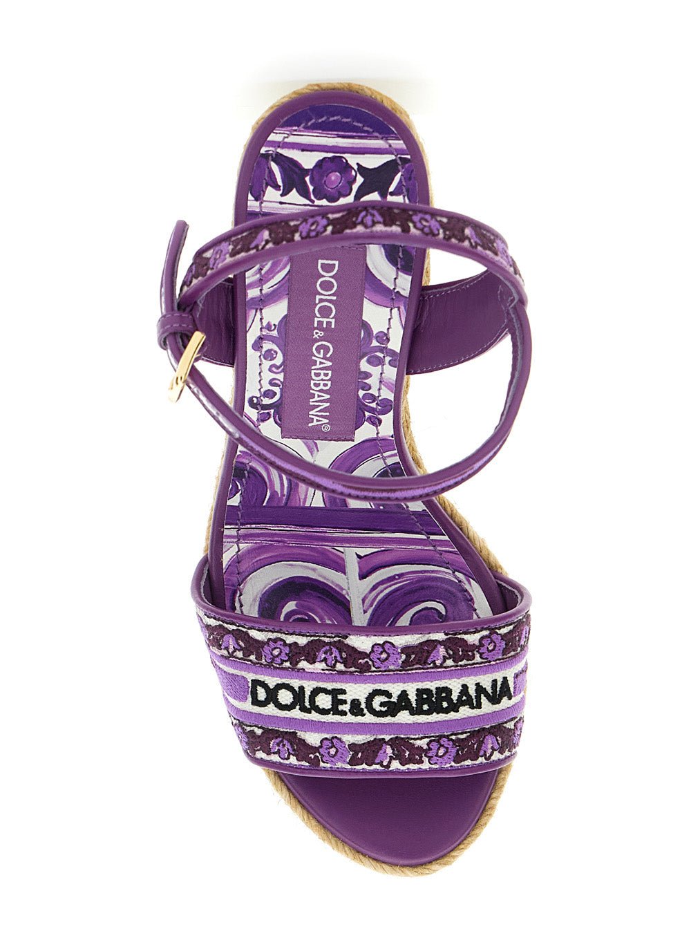 Dolce & Gabbana Women Violet Wedges With Logo Embroidery On The Front And All - Over Majolica Motif In Cotton Blend Woman - EZE Fashion®