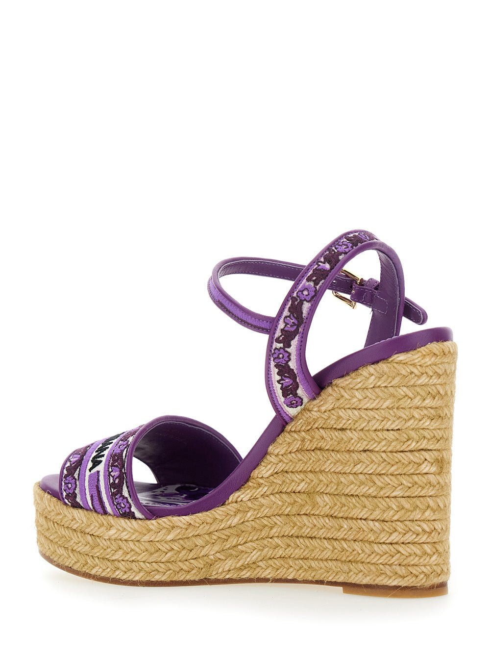 Dolce & Gabbana Women Violet Wedges With Logo Embroidery On The Front And All - Over Majolica Motif In Cotton Blend Woman - EZE Fashion®