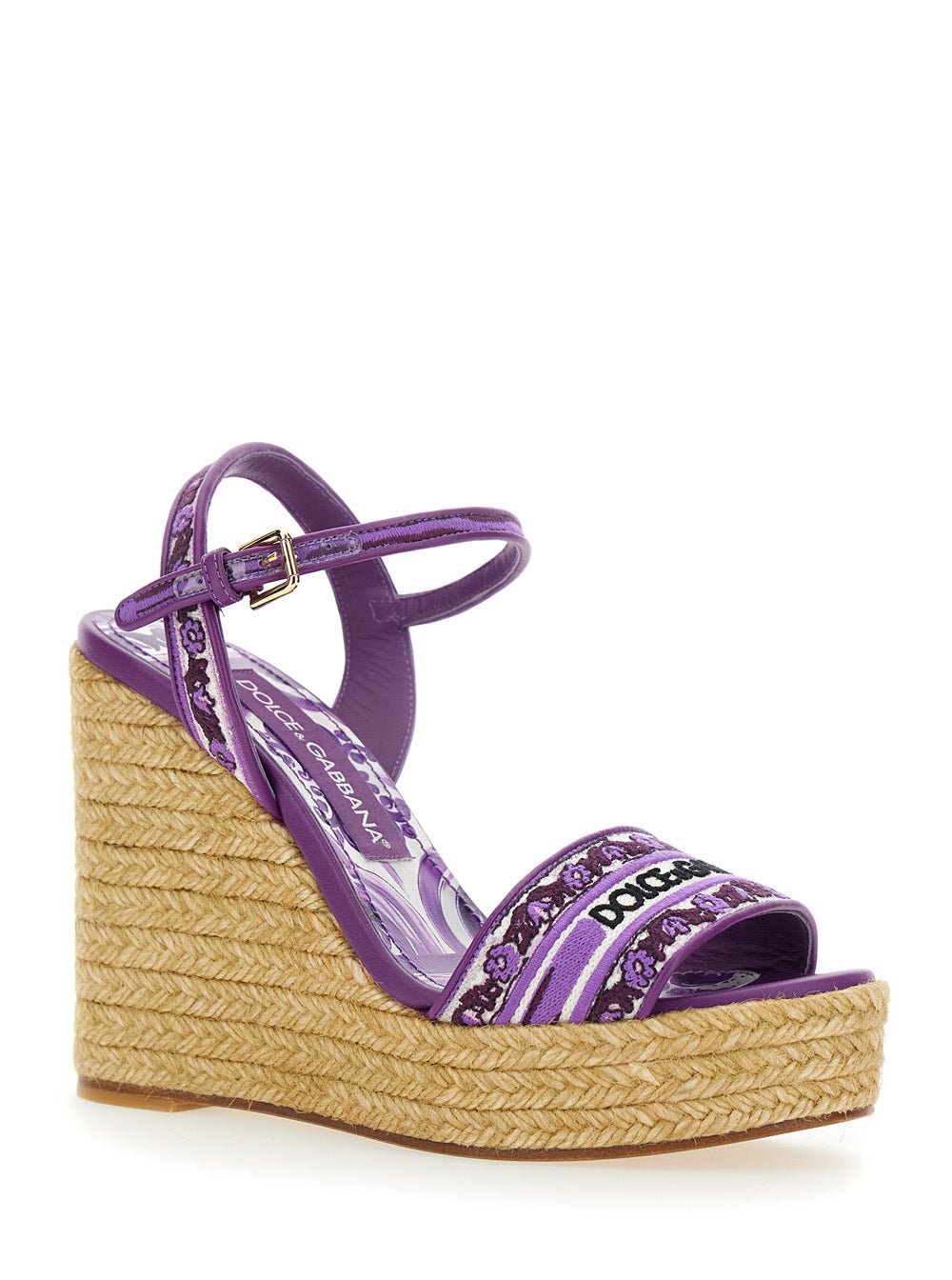 Dolce & Gabbana Women Violet Wedges With Logo Embroidery On The Front And All - Over Majolica Motif In Cotton Blend Woman - EZE Fashion®