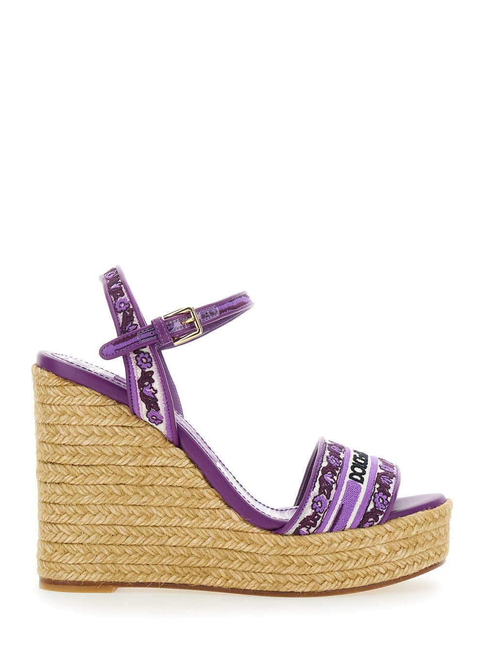 Dolce & Gabbana Women Violet Wedges With Logo Embroidery On The Front And All - Over Majolica Motif In Cotton Blend Woman - EZE Fashion®