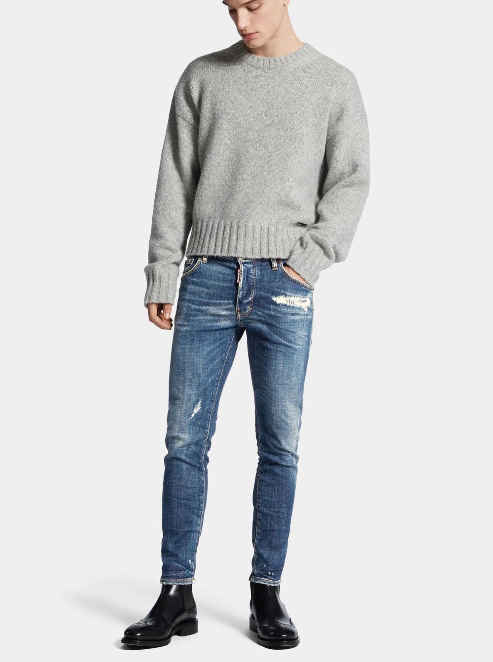 Dsquared2 Men Blue Jeans With Ripped Details And Logo Patch On The Rear In Denim Man - EZE Fashion®