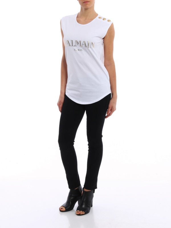 Balmain Women White Button Embellished Logo Printed Tank Top/Cami