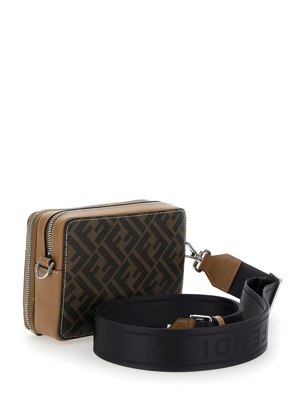 Fendi Men 'Camera Case Organizer' Beige And Brown Crossbody Bag With Ff Motif In Leather And Canvas Man - EZE Fashion®