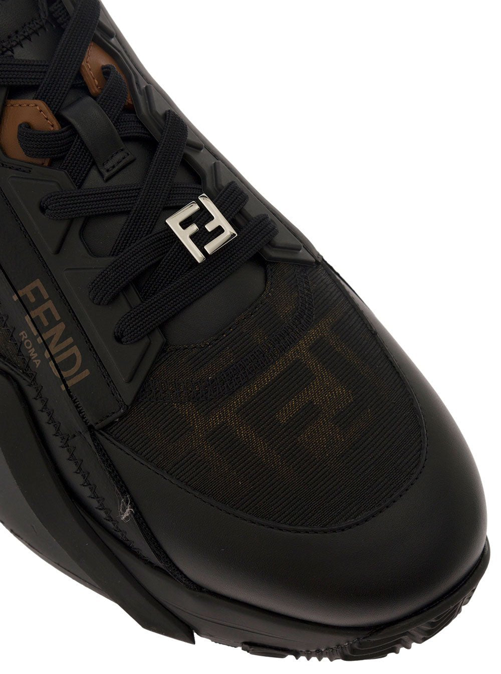 Fendi Men 'Fendi Flow' Black Low Top Sneakers With Diagonal F Detail In Leather Man - EZE Fashion®