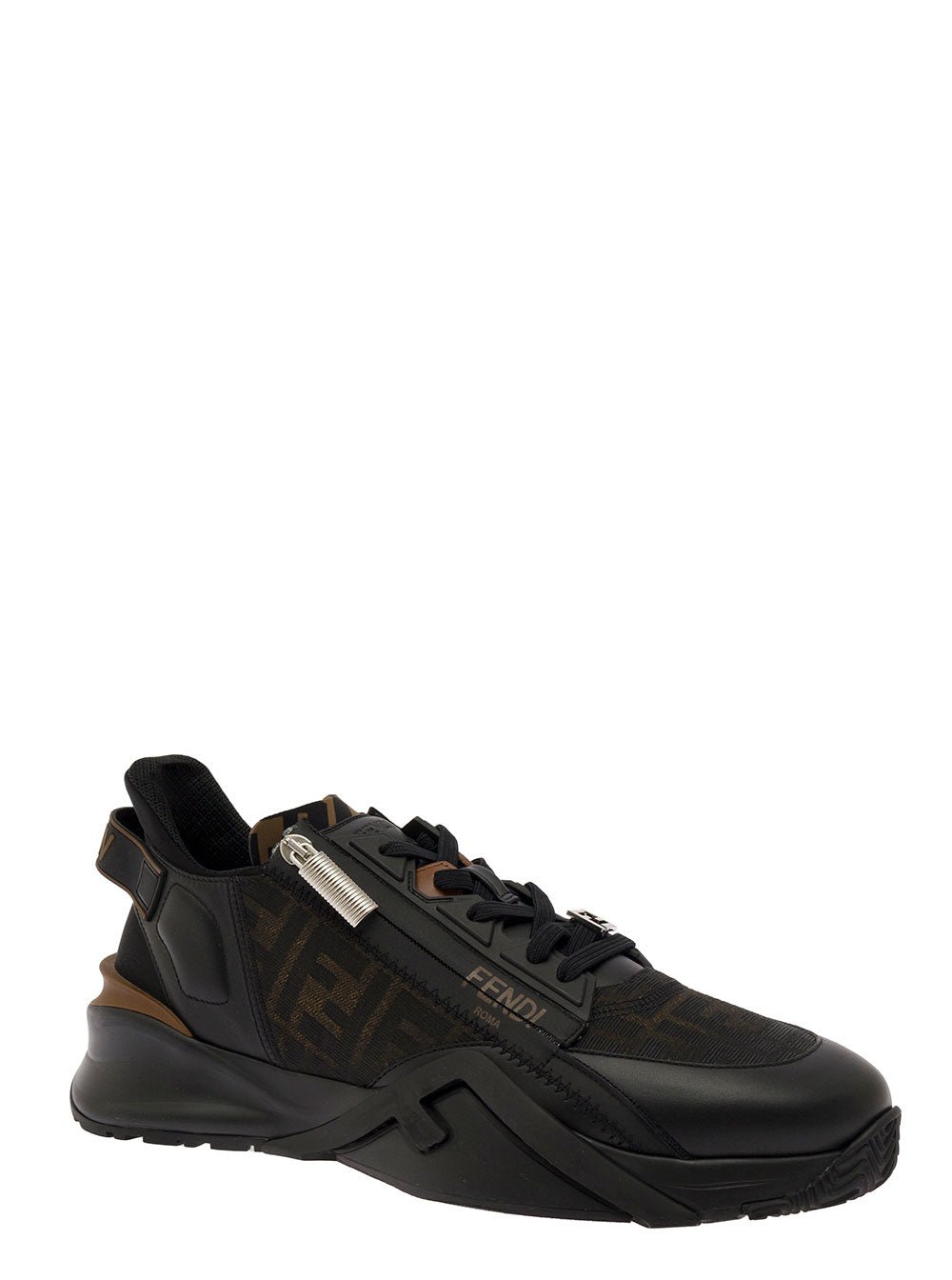 Fendi Men 'Fendi Flow' Black Low Top Sneakers With Diagonal F Detail In Leather Man - EZE Fashion®