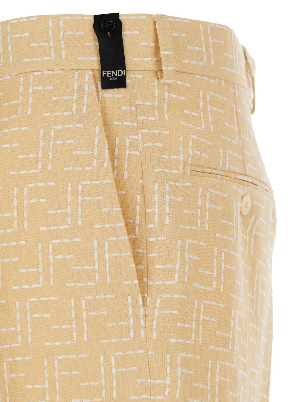Fendi Men Yellow Pants With Belt Loops And All - Over Ff Motif In Linen Blend Man - EZE Fashion®