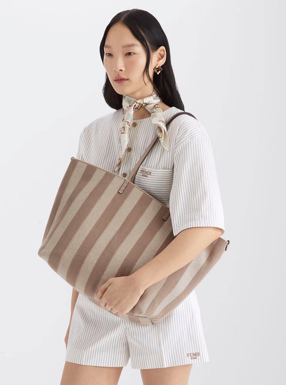 Fendi Women 'Roll' Beige Reversible Tote Bag With Two Top Handles And All - Over Striped Motif In Cotton Woman - EZE Fashion®