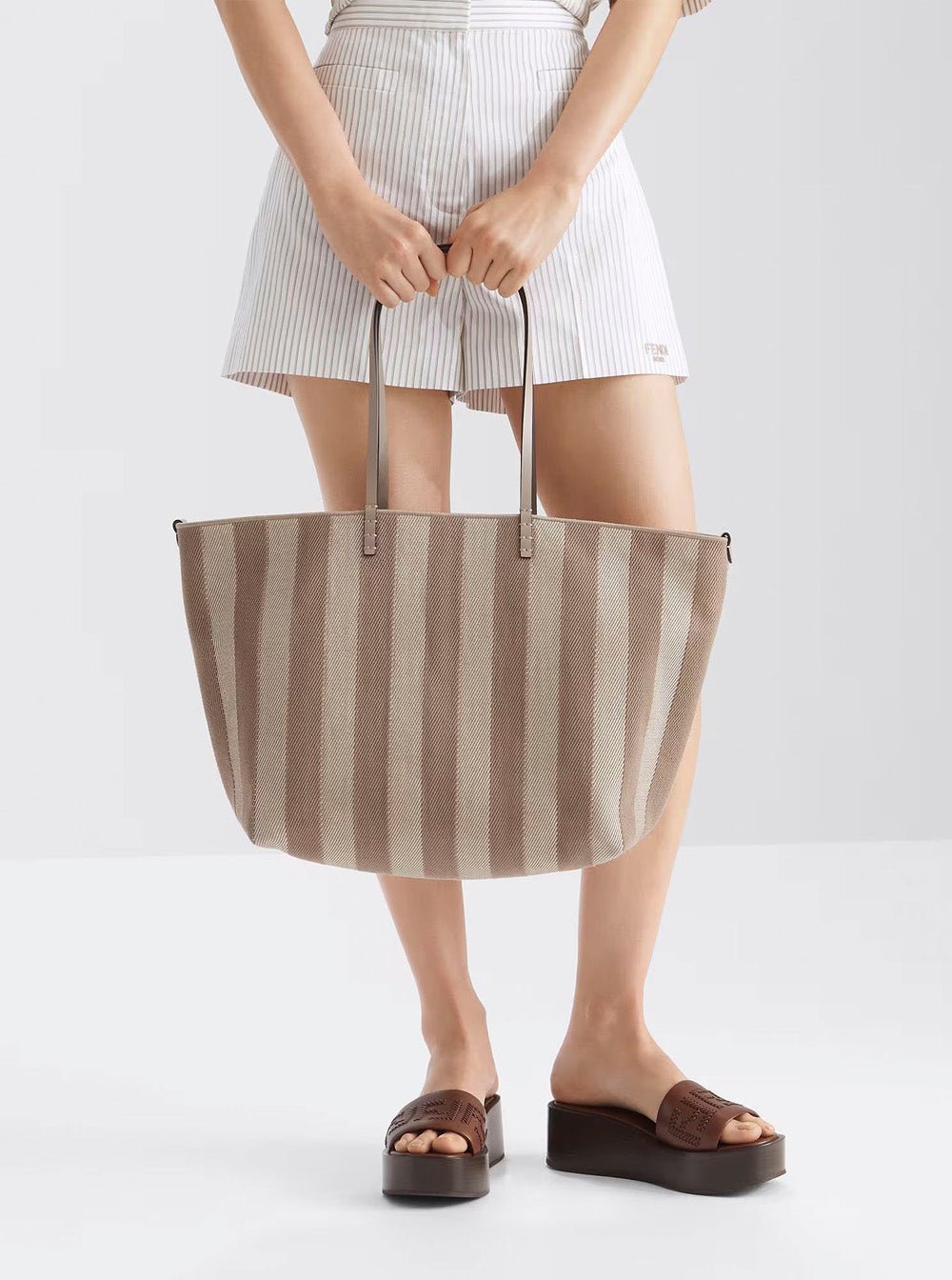 Fendi Women 'Roll' Beige Reversible Tote Bag With Two Top Handles And All - Over Striped Motif In Cotton Woman - EZE Fashion®
