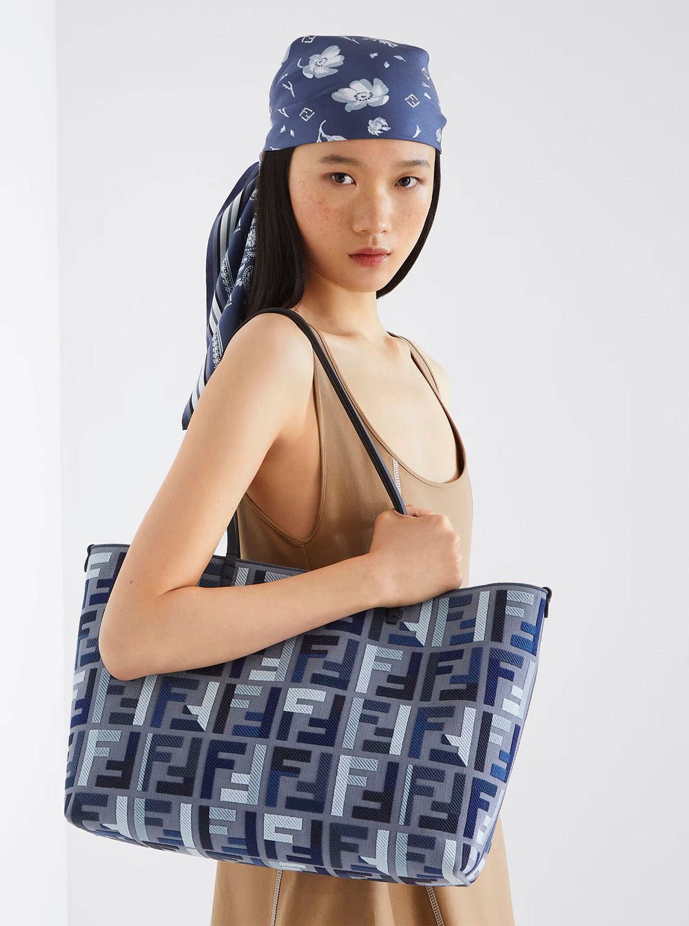 Fendi Women 'Roll Large' Blue Shopper With All - Over Ff Motif And Double Top Handles In Cotton Blend Woman - EZE Fashion®