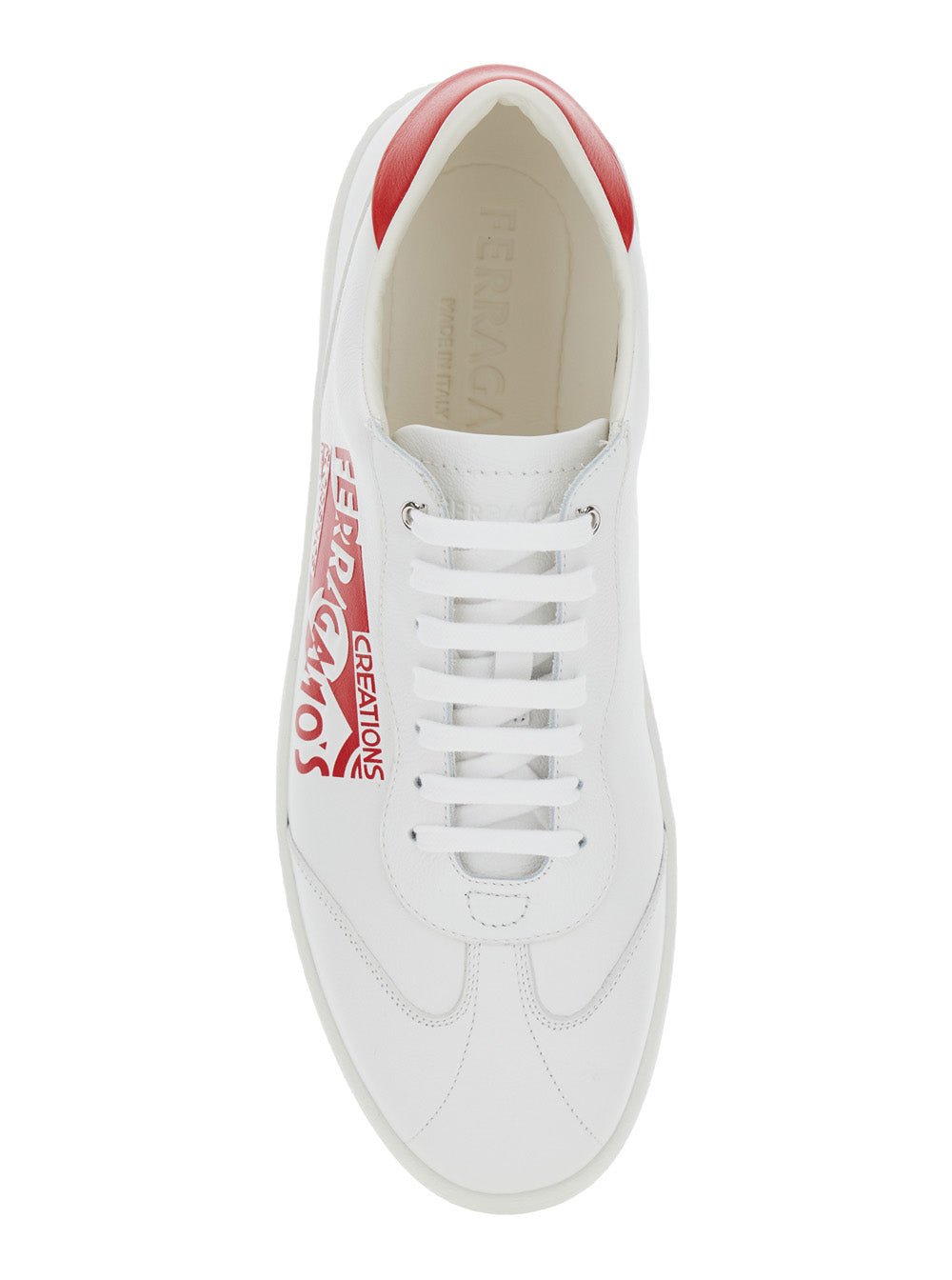 Ferragamo Men 'Achille' White Low Top Sneakers With Red Logo Detail In Leather Man - EZE Fashion®