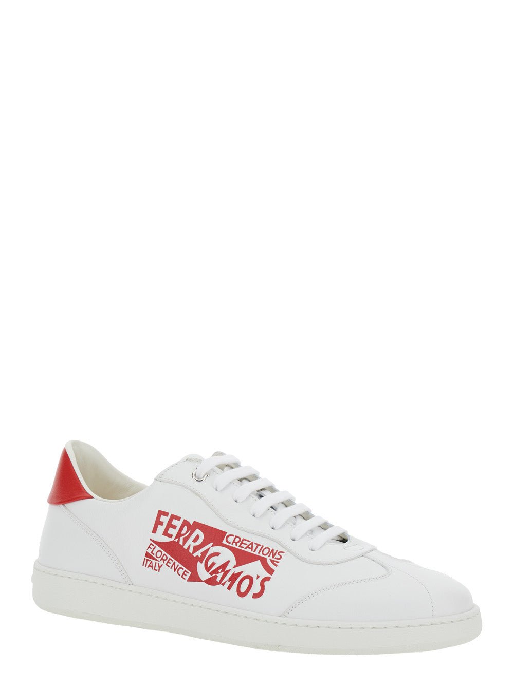 Ferragamo Men 'Achille' White Low Top Sneakers With Red Logo Detail In Leather Man - EZE Fashion®