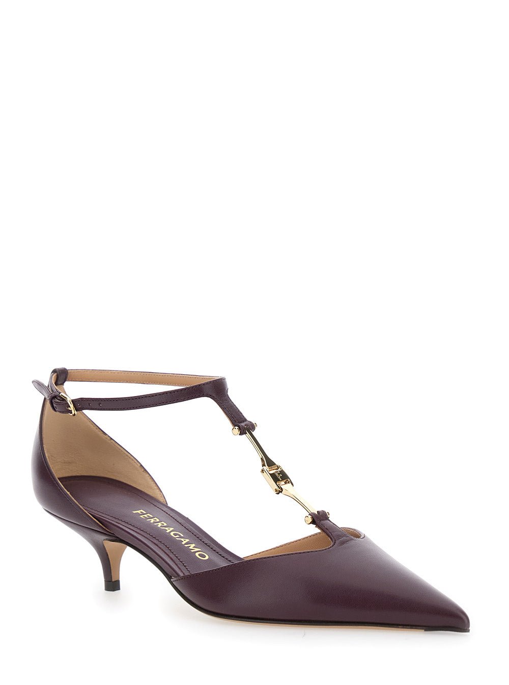 Ferragamo Women Bordeaux Pumps With T Strap And Low Heel In Leather Woman - EZE Fashion®