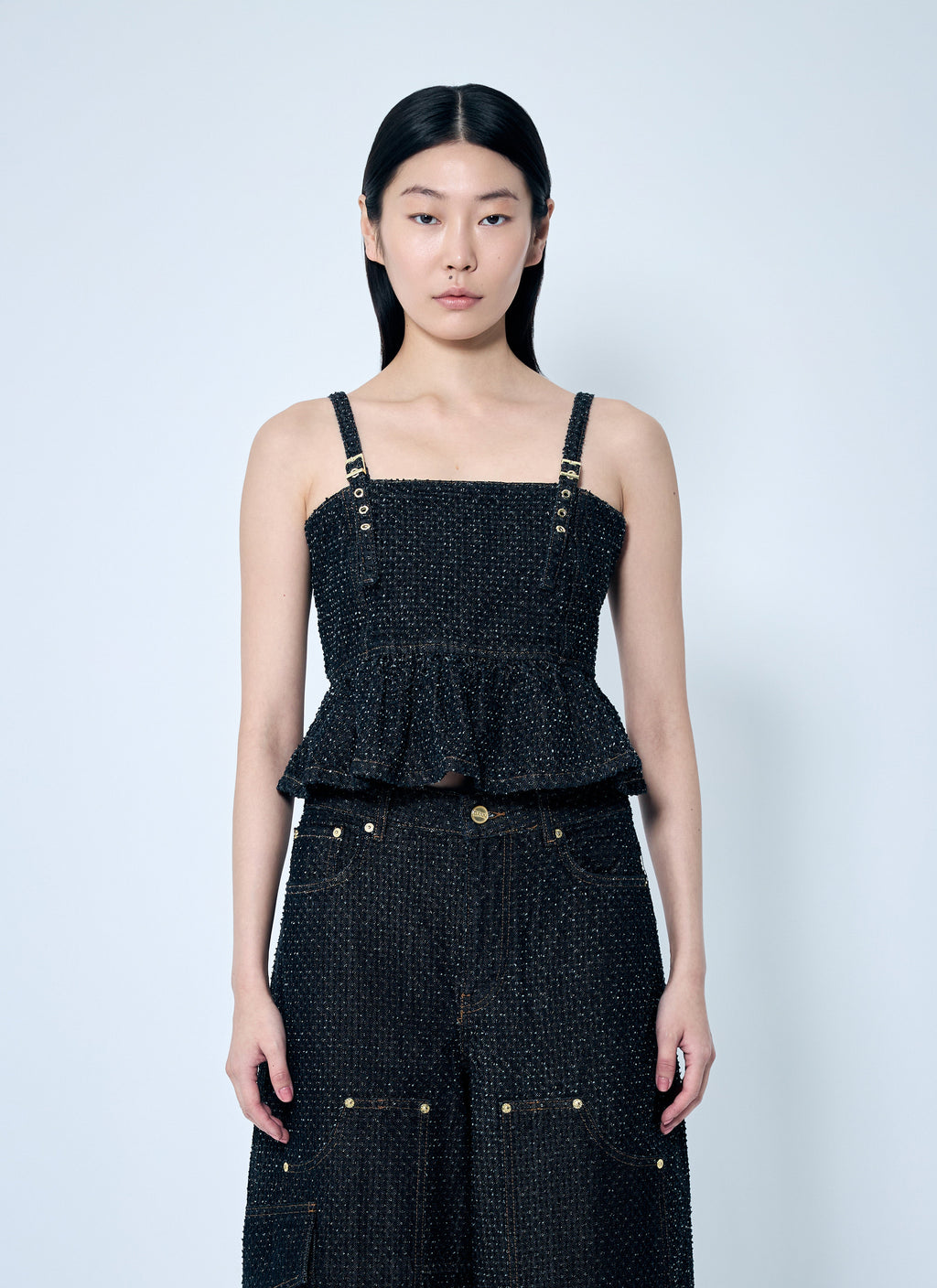 Ganni Women Fluffy Denim Strap Top