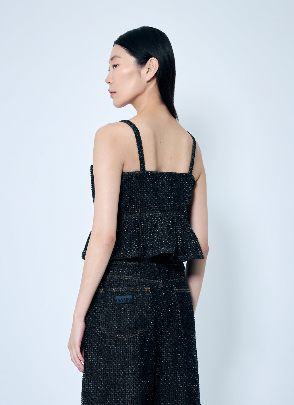 Ganni Women Fluffy Denim Strap Top