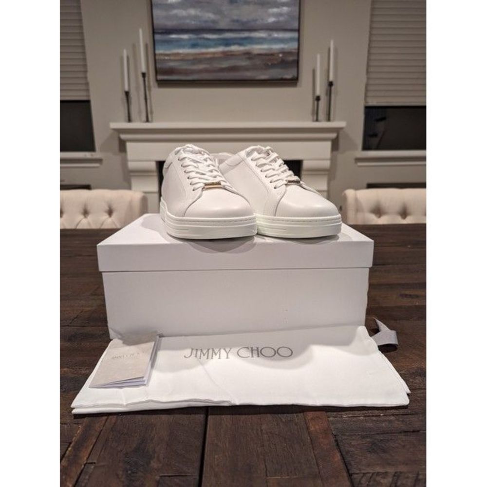 Jimmy Choo Women White Rome Metallic-Trimmed Leather Sneakers