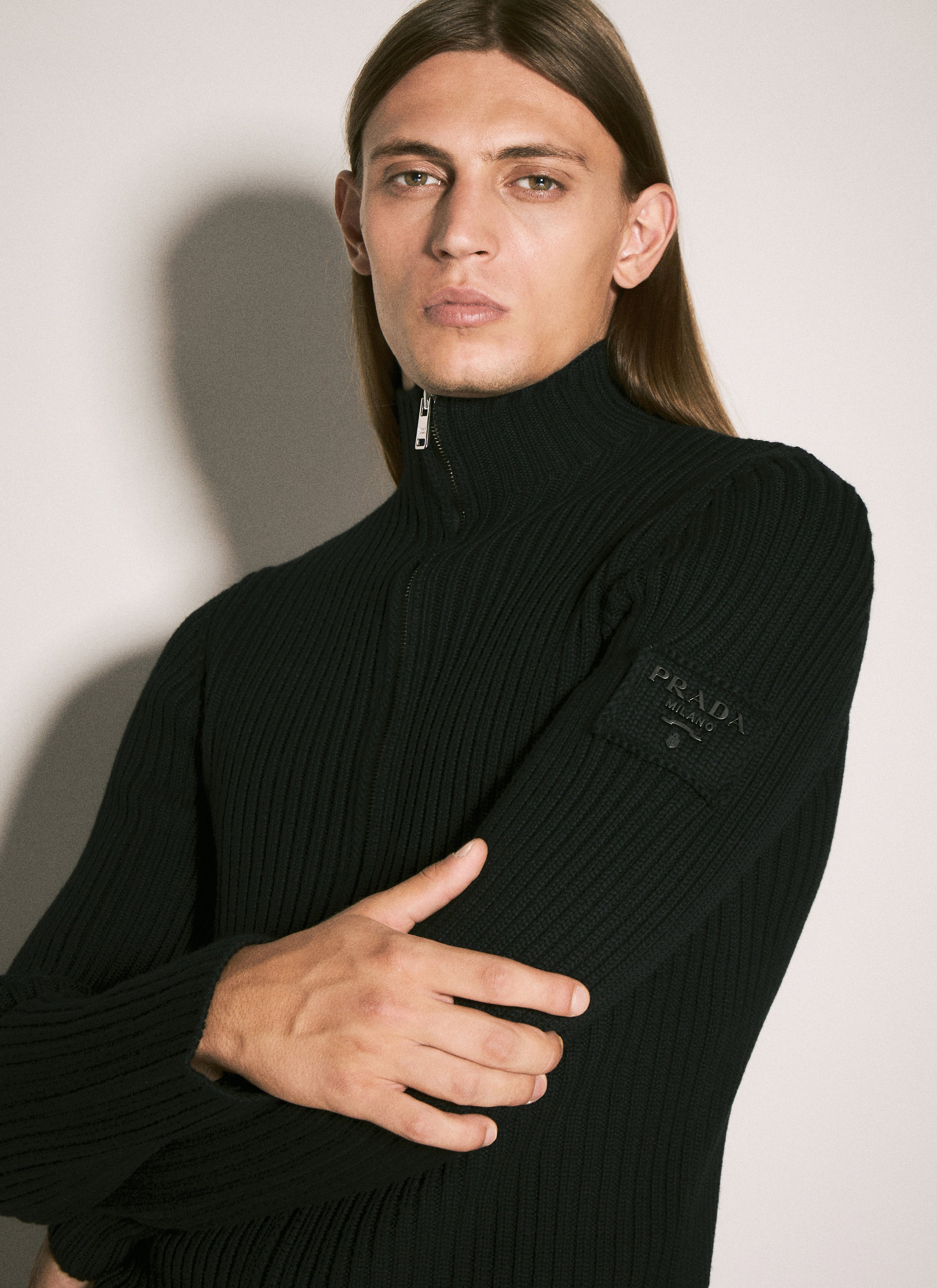 Prada Men Ribbed Wool Zip-Up Cardigan