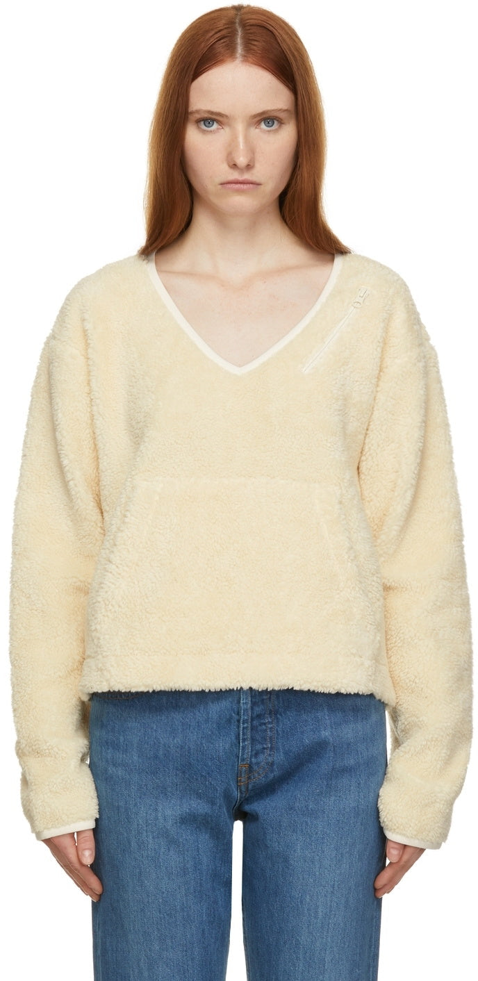 Helmut Lang Women Off-White Fleece V-Neck Sweater