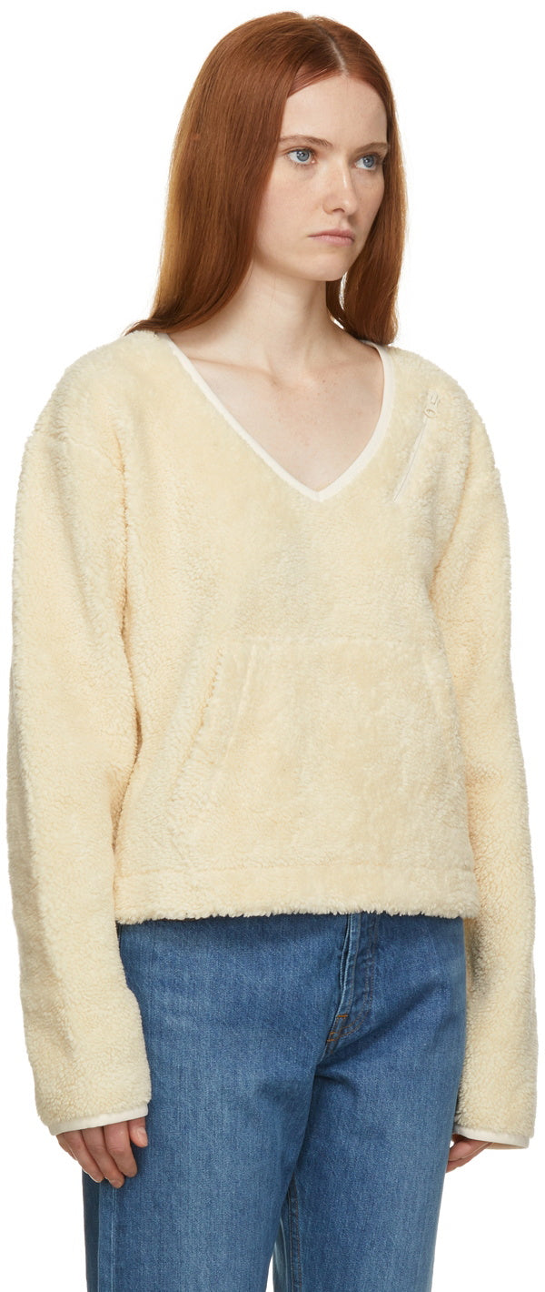 Helmut Lang Women Off-White Fleece V-Neck Sweater
