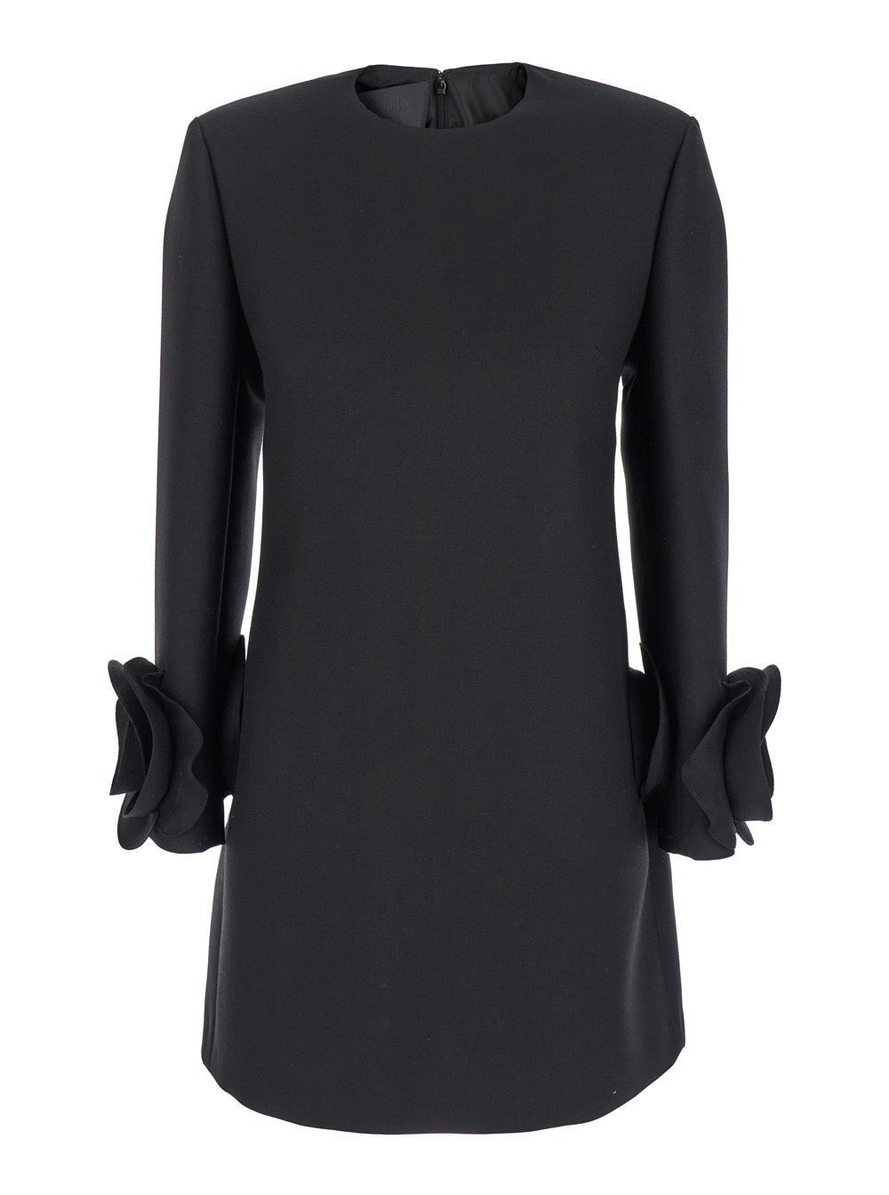 Valentino Women Black Crewneck Short Dress With Floral Detail In Wool Woman - EZE Fashion®